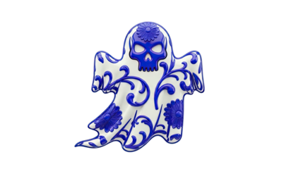 Ghost with Skull Face and Blue Floral Ornate Design