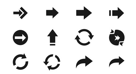 Collection of twelve diverse black directional symbols and rotation indicators displayed on a white background