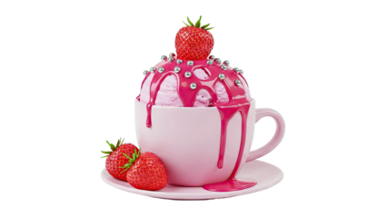 Pink Strawberry Ice Cream in Cup with Drizzle and Berries