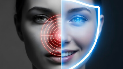 Split face portrait with red target and blue shield overlay woman half