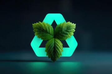 A captivating image of a recycling symbol is creatively combined with fresh green leaves, symbolizing environmental sustainability. This picture communicates a strong message of eco-consciousness.