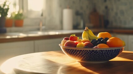 Sunlit Fruit Bowl on Wooden Table, a Wholesome Still Life in Kitchen