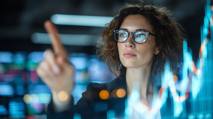 A businesswoman analyzing digital data trends on a futuristic screen with a confident expression.