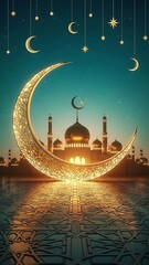 Ramadan Kareem mosque with crescent moon and stars at night  Islamic architecture