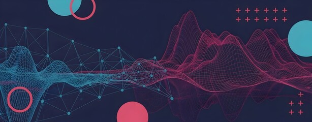Vibrant network waves with dynamic nodes and connections on dark background