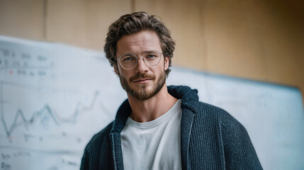 A focused businessman in spectacles and casual attire stands before a whiteboard covered in charts, symbolizing the analytical essence of his presentation.