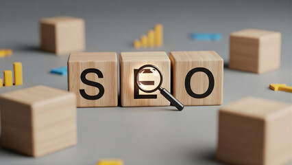 Close-up of wooden blocks spelling SEO with a magnifying glass on a gray surface surrounded by colorful bar graphs and charts.