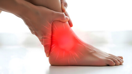 Person holding foot with red highlighted area indicating pain or injury hand