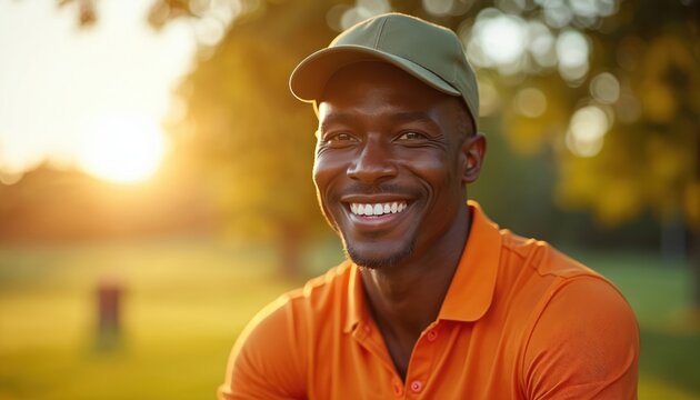 Smiling black man wearing green cap and orange polo shirt outdoors during sunset. He looks happy and relaxed in a park setting. Sunlight illuminates his face with warm golden light.
