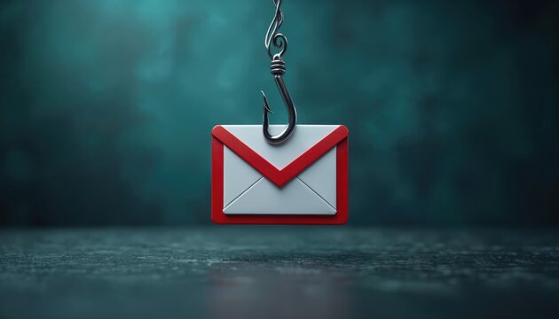 Fishing hook catches email icon, symbolizing online scam alert. Beware cyber fraud, protect your data from digital threats. This image warns about phishing dangers.