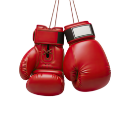 Red Leather Boxing Gloves Hanging by Cords, Isolated on Transparent Background, Sports Equipment Focused