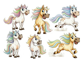 Obraz premium Charming cartoon horses rendered in watercolor, boasting lively facial expressions and elegantly cascading manes, all in delicate pastel shades