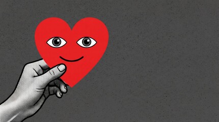 Hand holding a red heart with eyes and a smile on a gray background, symbolizing love and emotion.