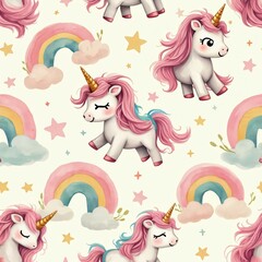 Obraz premium Cute cartoon unicorns with pink manes and tails gallop under pastel rainbows and golden stars on a cream background. Whimsical magical creatures pattern for kids dreamlike designs and party decor.