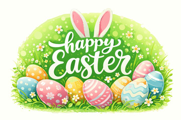  easter banner with rabbit ears and eggs on green background