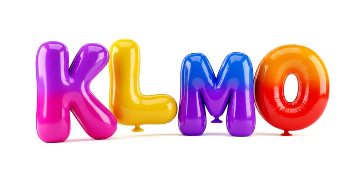 Group of 3D rendered letters K L M N O inflated like colorful balloons with glossy surfaces, perfect for party typography