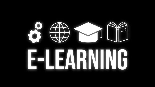 Animation of the word "E-Learning" with relevant icons