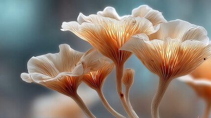 cluster of delicate, light-colored mushrooms with wavy caps and slender stems