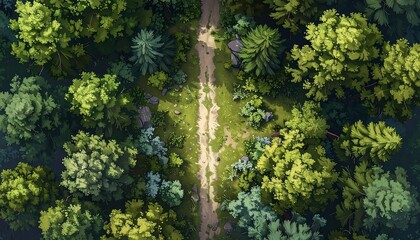Overhead view of a forest with a pathway winding through lush green trees. Sunlight dappling the path