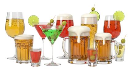 Assortment of alcoholic beverages with garnishes