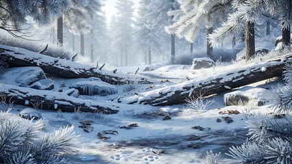 Serene winter forest landscape with snow covered pine trees and fallen logs under falling snow a peaceful natural scene