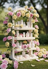White cosmetic containers rest on a tiered display stand adorned with climbing pink and yellow roses outdoors