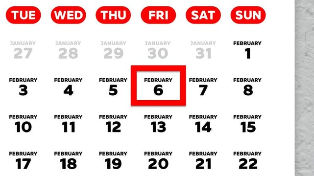 The date February 6th marked with a red cursor on the wall calendar 2026