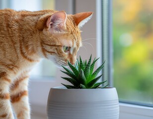 Cat Investigating a Plant with Suspicion. Pets + Human Bonding. Humorous photograph of a orange Tabby cat in a playful pose suspiciously sniffing and investigating a houseplant on a window sill.
