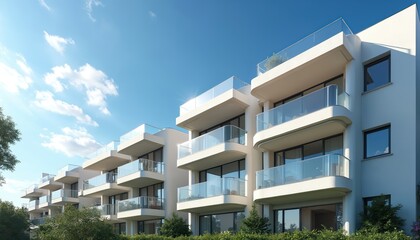 Modern apartment buildings with balconies and large windows. Rich green trees and bushes surround the complex. Clear blue sky with white clouds overhead.