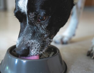 Close-Up of a Dog Drinking Water Vigorously. Pets + Human Bonding. Macro photograph of a dog's face vigorously lapping up water from a clean bowl with water droplets spraying slightly.
