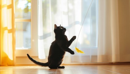 Cat Playing with a Generic String Toy. Pets + Human Bonding. A high-quality dynamic photograph of a black cat leaping playfully to catch a simple string or feather toy held by an unseen hand.
