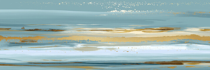 Minimal Abstract Light Blue and Gold Horizontal Brush Strokes Background