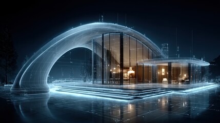 Fototapeta premium Futuristic architectural blueprint overlay on a modern glass building with illuminated accents