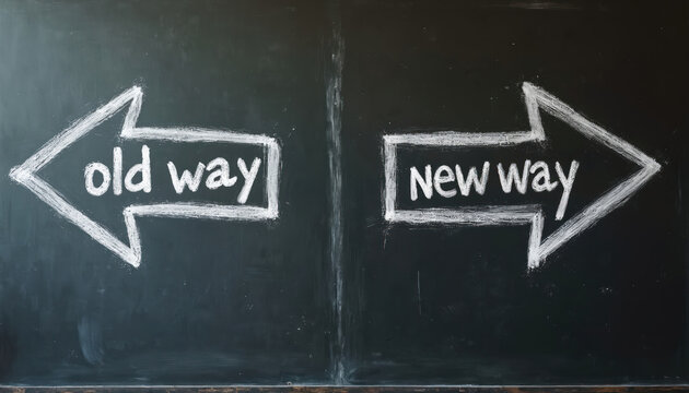 Chalk arrows on blackboard show old way left, new way right. Symbolizes change, progress, and a fork in the road. Represents business strategy, personal growth, and decision making.