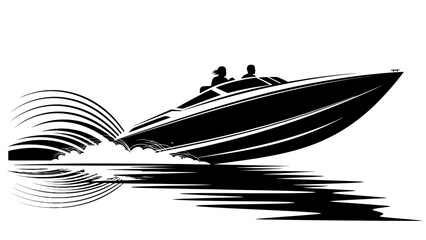 Speedboat speeding across the water with two people on board, illustrating a thrilling scene of modern water sports