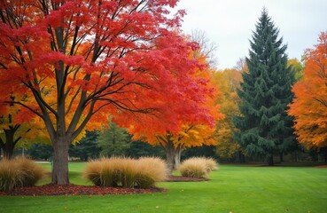 Vibrant maple tree shows bright red leaves against green grass. Colorful autumn foliage contrasts with evergreen pine in park. Tall trees line grassy lawn, seasonal beauty.