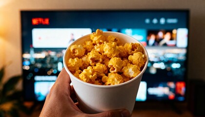 Hand holding popcorn in front of a TV screen with streaming content.