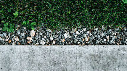 A close-up view of grass, gravel, and concrete, showcasing nature's textures and a landscaped border.
