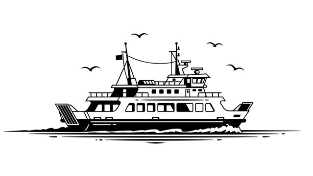 A tugboat sailing on calm waters with seagulls flying overhead, viewed from the side.
