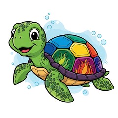 Fototapeta premium Cheerful cartoon sea turtle swims with a shell decorated in vibrant, segmented colors and elemental symbols
