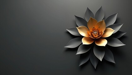 Abstract geometric flower design in gold and grey tones against a dark background. Petals overlap creating a textured, luxurious look suitable for premium branding and elegant decor.