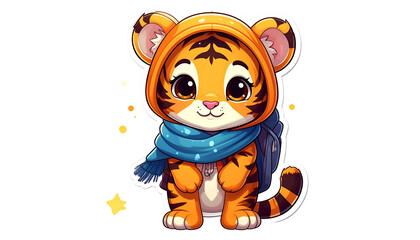 A cute cartoon tiger cub in a hooded jacket and scarf, with a backpack
