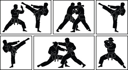 Karate combat silhouettes, martial arts fighting poses, sparring techniques, kicks punches actions, self defense training, combat sport illustration set © Salman