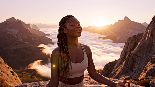 Woman meditating on mountain top