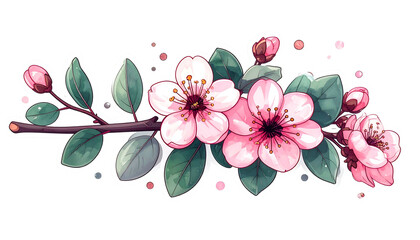 A delicate floral arrangement, a branch adorned with pink blossoms and green leaves