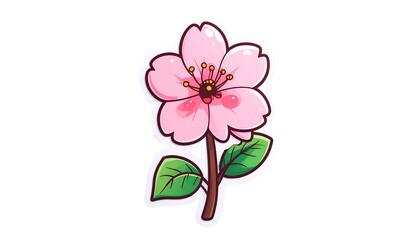 A cartoonish pink cherry blossom with detailed pistils, petals, and leaves on a black background