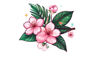 Stylized illustration of pink cherry blossoms and tropical green leaves with sparkle effects