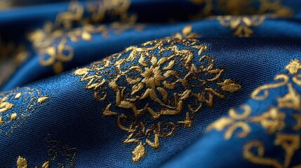 Luxurious deep blue satin fabric displaying intricate gold thread embroidery detailing a traditional floral pattern with dramatic low-key lighting.