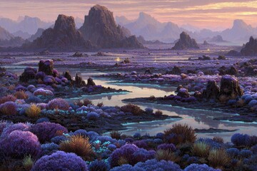 Colorful Fantasy Landscape With Glowing Flora And Rivers