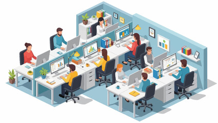 Fototapeta premium Isometric office workspace with diverse employees working at desks.
